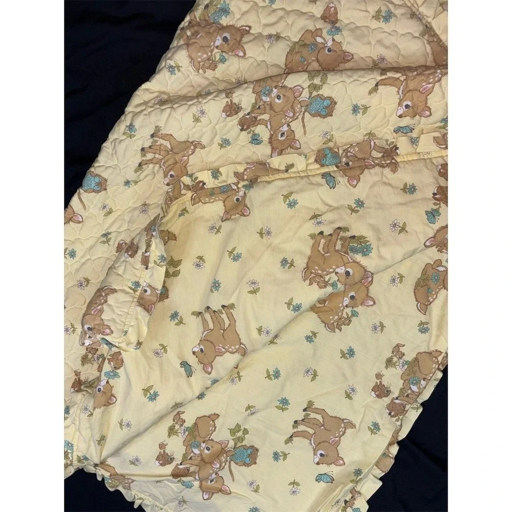 Vintage Woodland Baby Deer Crib Quilt Yellow Ruffle Blanket Nursery 54x42 Fawn